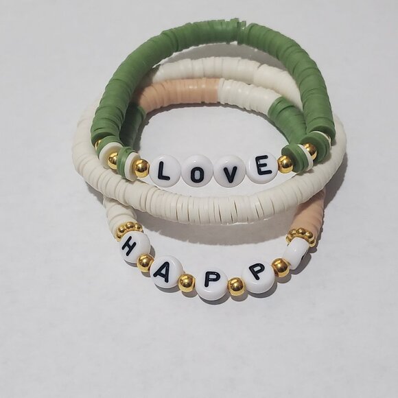 Handmade Polymer Clay Word Bead Bracelet Set – “LOVE” & “HAPPY” Stack - Picture 1 of 4